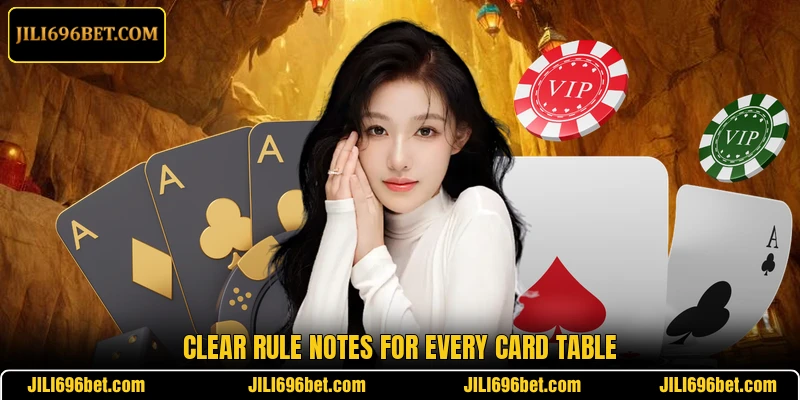 Clear rule notes for every card table